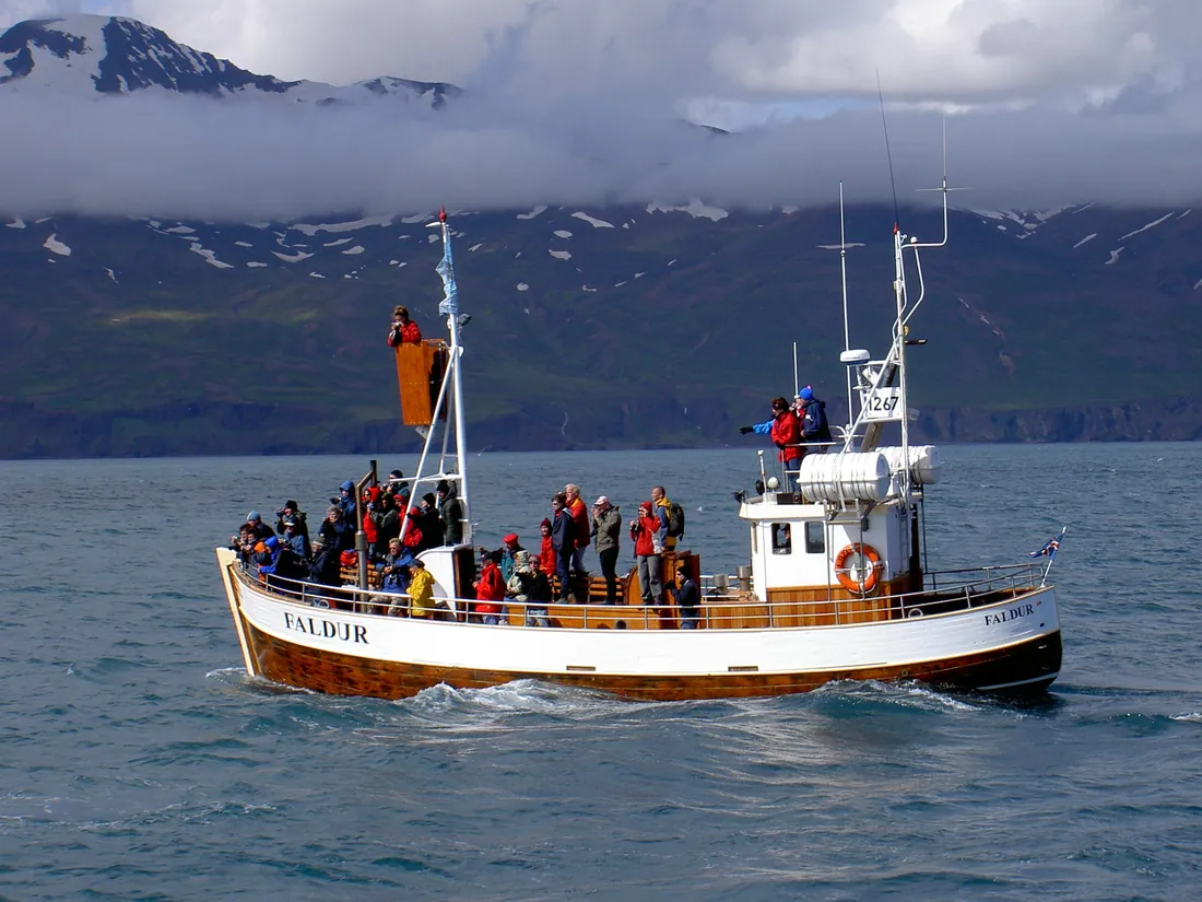 Barco de avistamiento de ballenas en Húsavík, Islandia